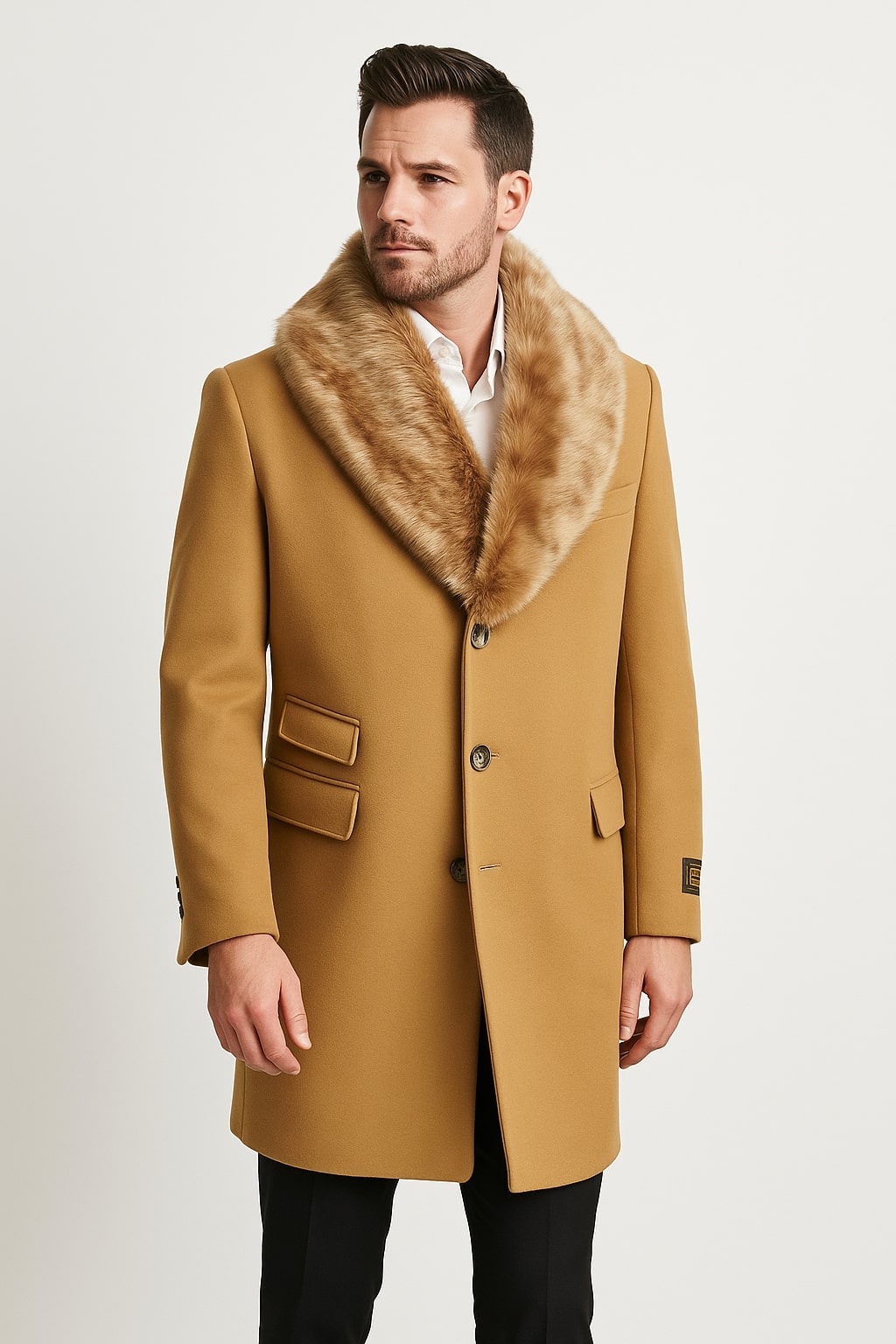 Camel Wool Overcoat with Faux Fur Collar