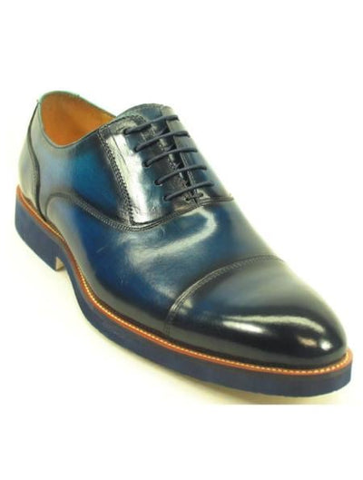 Carrucci Men's Navy Genuine Leather Lace Up Cap Toe Oxford Shoes With Matching Sole