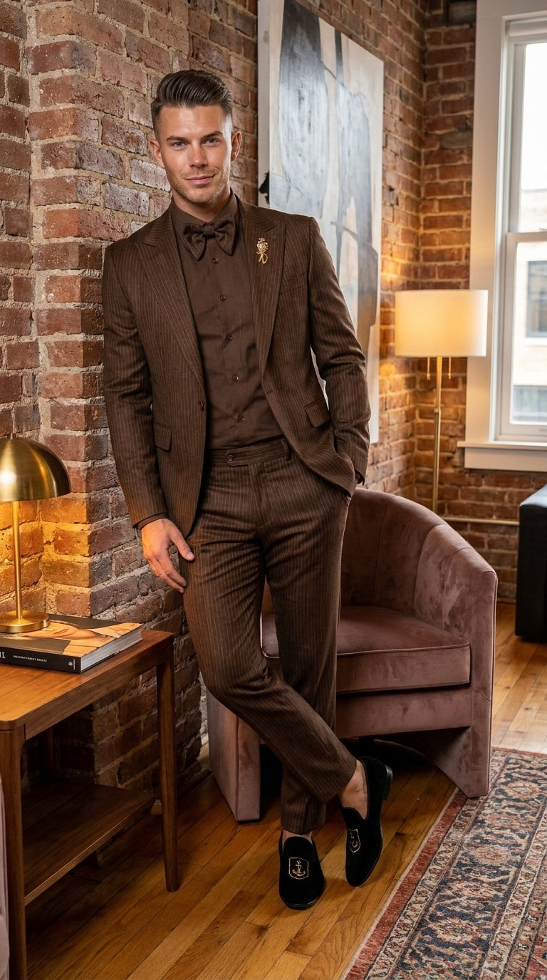Rossiman Men’s Brown Metallic Pinstripe 4 Piece Suit, Satin Charmeuse Shirt and Tie Set