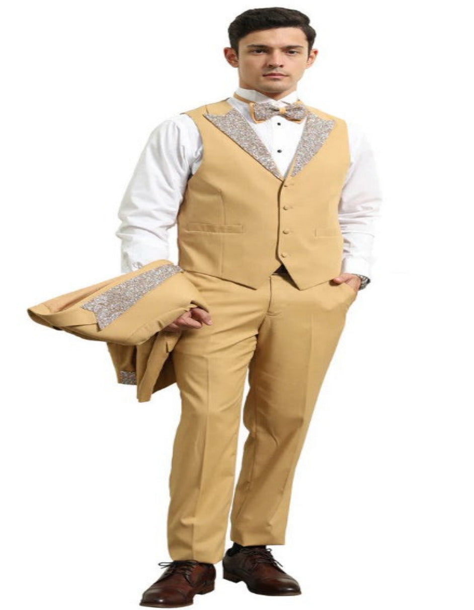 Champagne Rhinestone Lapel Prom Tuxedo