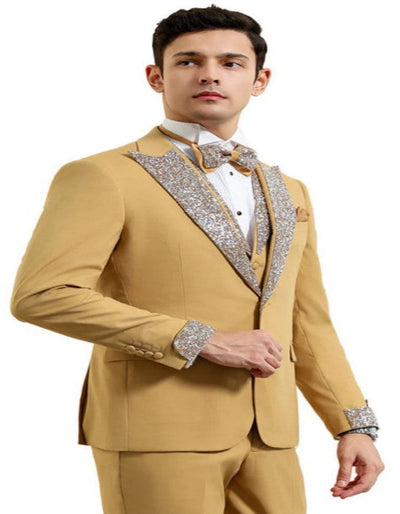 Champagne Rhinestone sequin Lapel Prom Tuxedo