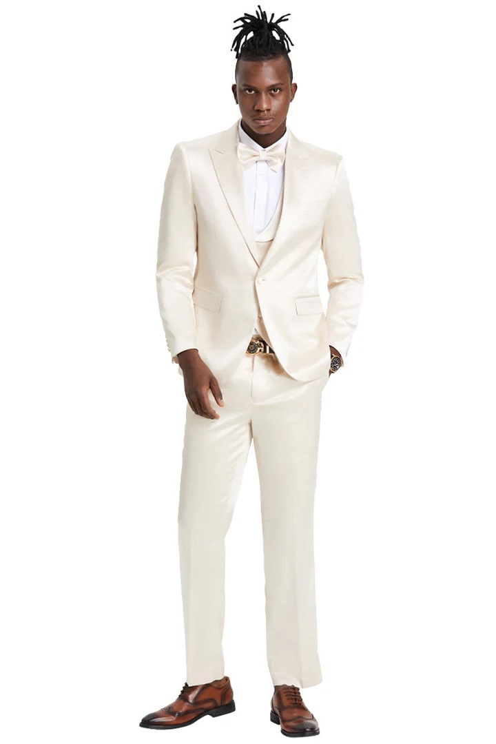 One Button Vested Satin Sharkskin Suit, Champagne