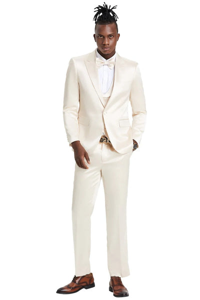 One Button Vested Satin Sharkskin Suit, Champagne