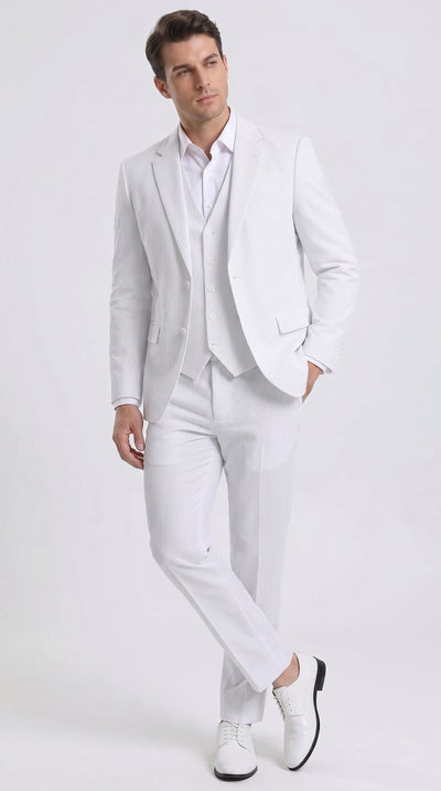 Men’s White Pinstripe Seersucker Summer Suit, Jacket and Pants Formal Wedding Beach Suit