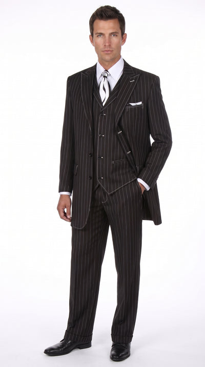 Men’s Big and Tall Black Pinstripe Suit, Plus Size 3 Piece Formal Wedding Business Suit