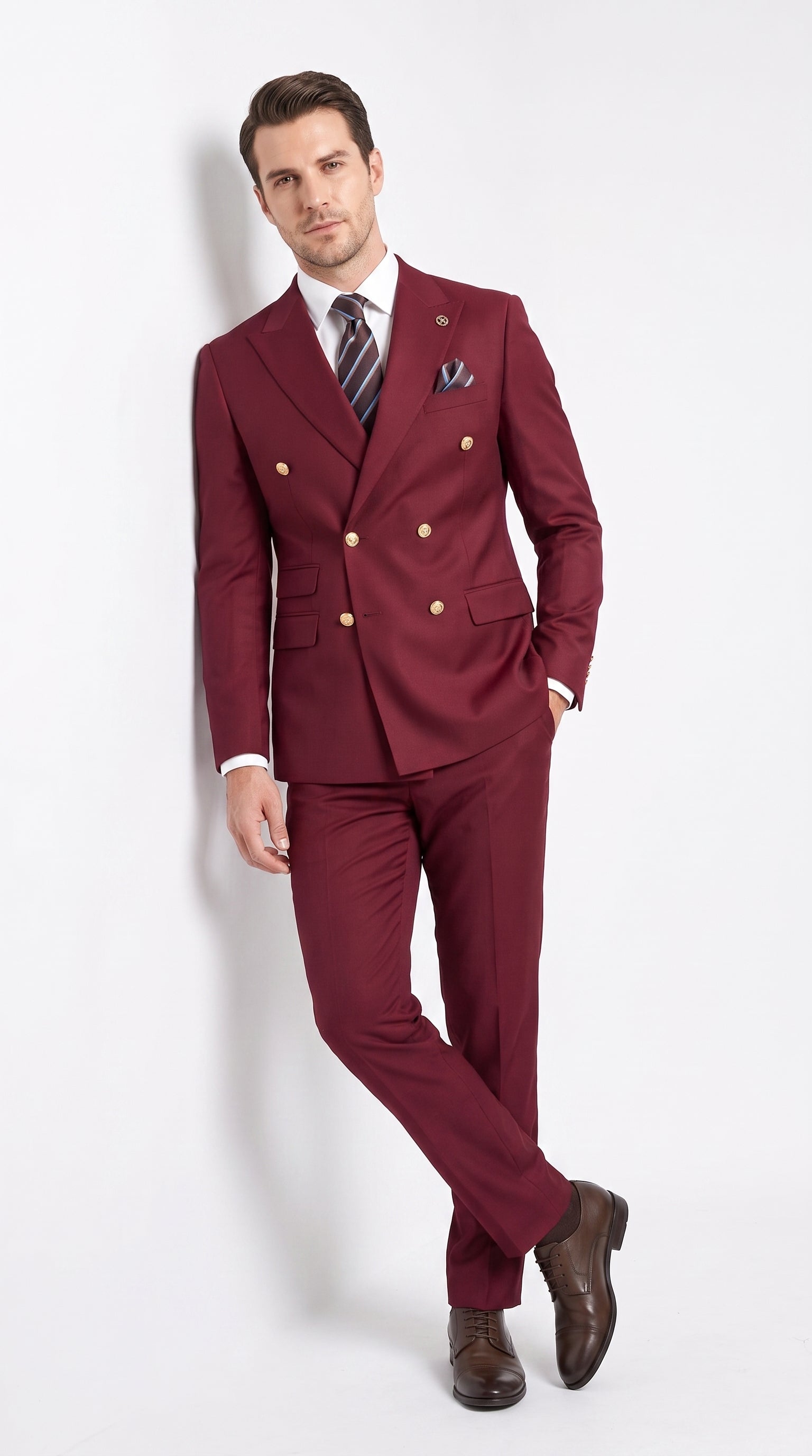 Men’s Burgundy Double Breasted Wool Suit with Gold Buttons, Modern Formal Wedding Business Suit