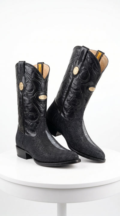 Men’s Black Genuine Stingray Mantarraya Cowboy Boots, Handmade J Toe Exotic Western Dress Boots