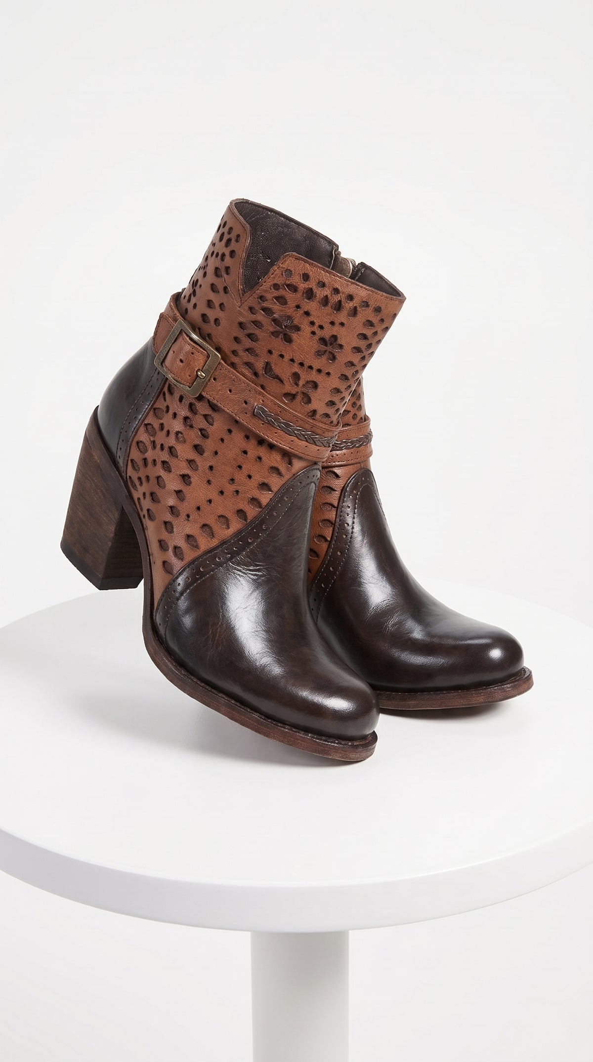 Women’s Quincy Brown Leather Ankle Boots, Oval Toe Short Fashion Boots with Buckle Detail