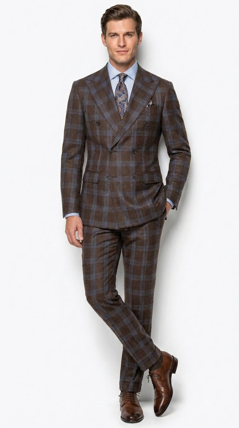 Statement Men’s Brown Plaid Double Breasted Suit, 2 Piece 100% Wool Modern Fit Dress Suit