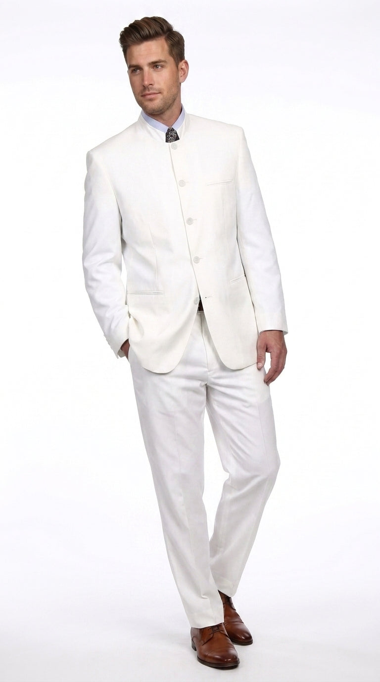 Men’s White 5 Button Mandarin Collar Suit, Designer Brand All White Formal Wedding Dress Suit