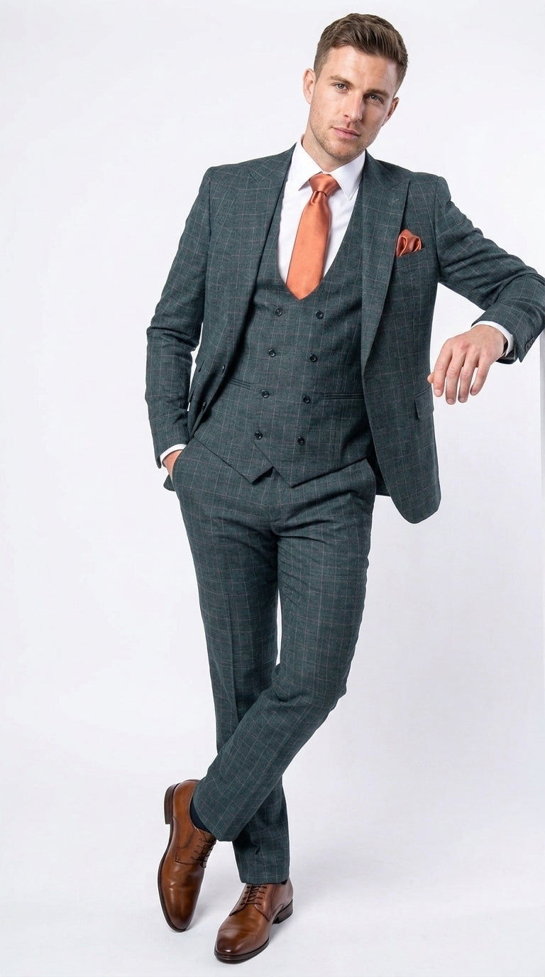 Rossi Man Max RM1788 Men’s Teal Plaid 3 Piece Suit, Slim Fit Formal Wedding Prom Dress Suit