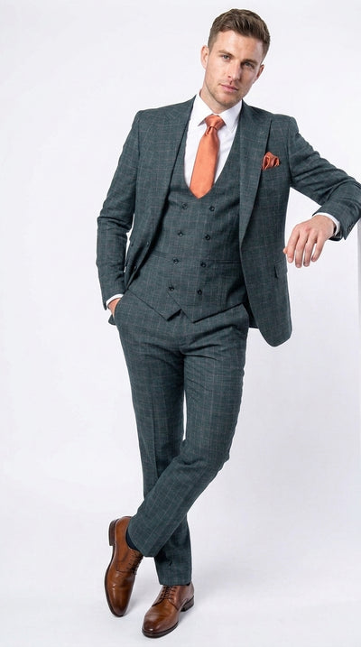 Rossi Man Max RM1788 Men’s Teal Plaid 3 Piece Suit, Slim Fit Formal Wedding Prom Dress Suit