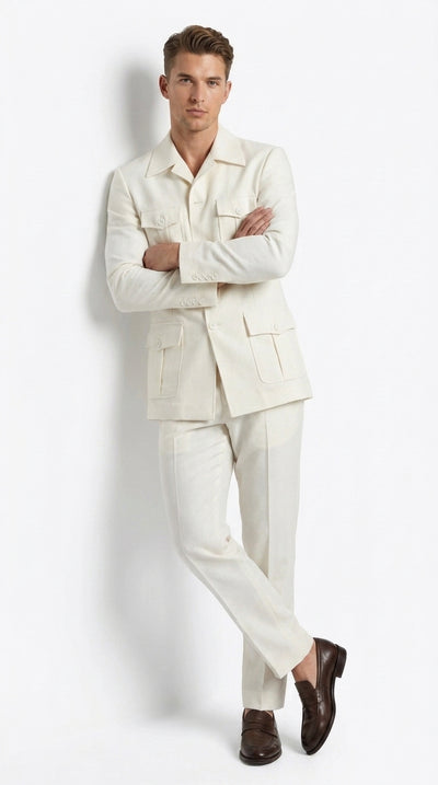 Men’s Off White Casual Safari Suit BP8102, Pocket Front Shirt Jacket and Pants Set