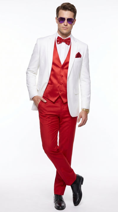 Men’s White and Red Tuxedo Wedding Suit Set, Formal Groom Prom Dinner Suit