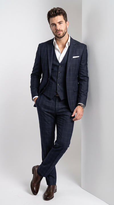 Men’s Navy Plaid Windowpane 3 Piece Suit, Ultra Slim Fit Vested Formal Wedding Business Suit
