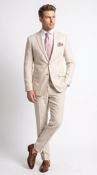 Men’s Natural Linen 2 Piece Suit, Two Button Regular Fit Summer Wedding Dress Suit