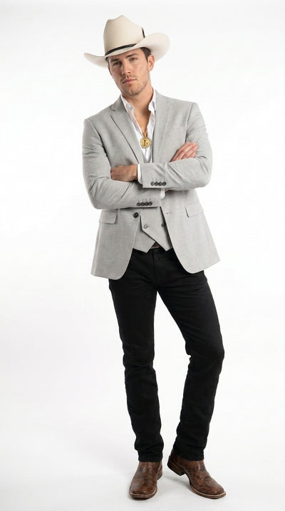 Men’s Light Gray Western Suit Blazer with Double-Breasted Vest, Modern Cowboy Formal Outfit