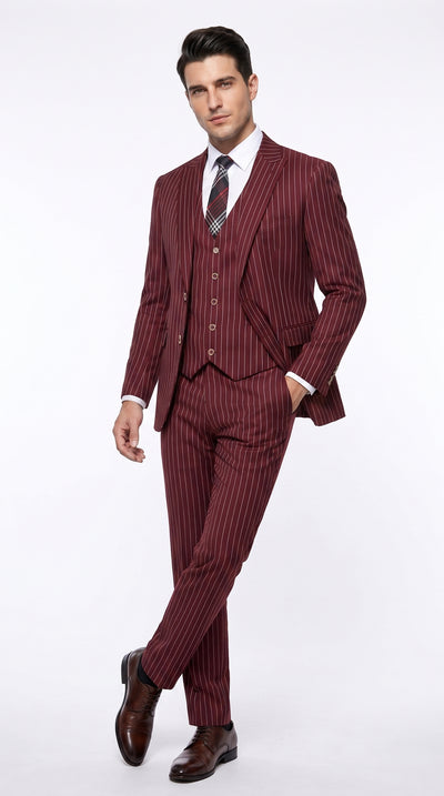 1920s Gangster Burgundy Pinstripe Suit with Vest for Men, Vintage 3 Piece Dress Suit