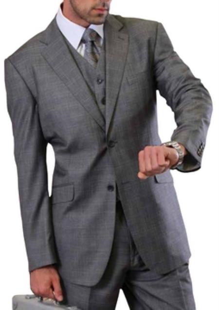 Mens Plaid Suit 2 button Vested windowpane Pant Suit Charcoal - Three Piece Suit