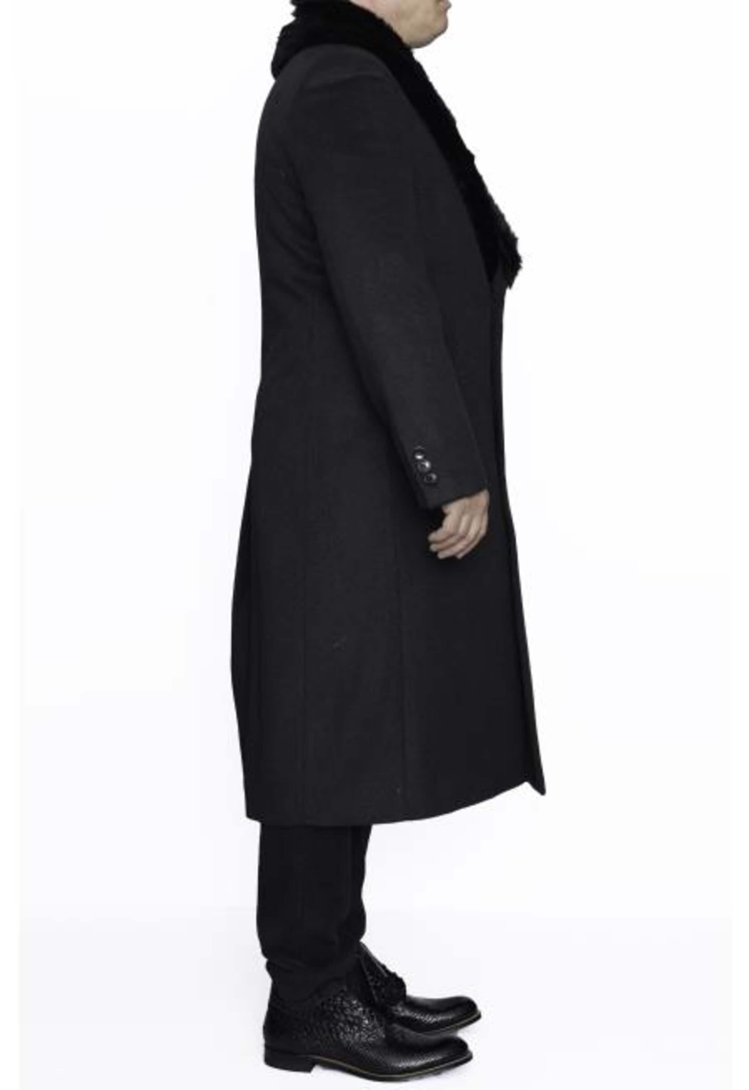 Charcoal Grey Wool Overcoat with Removable Fur Collar