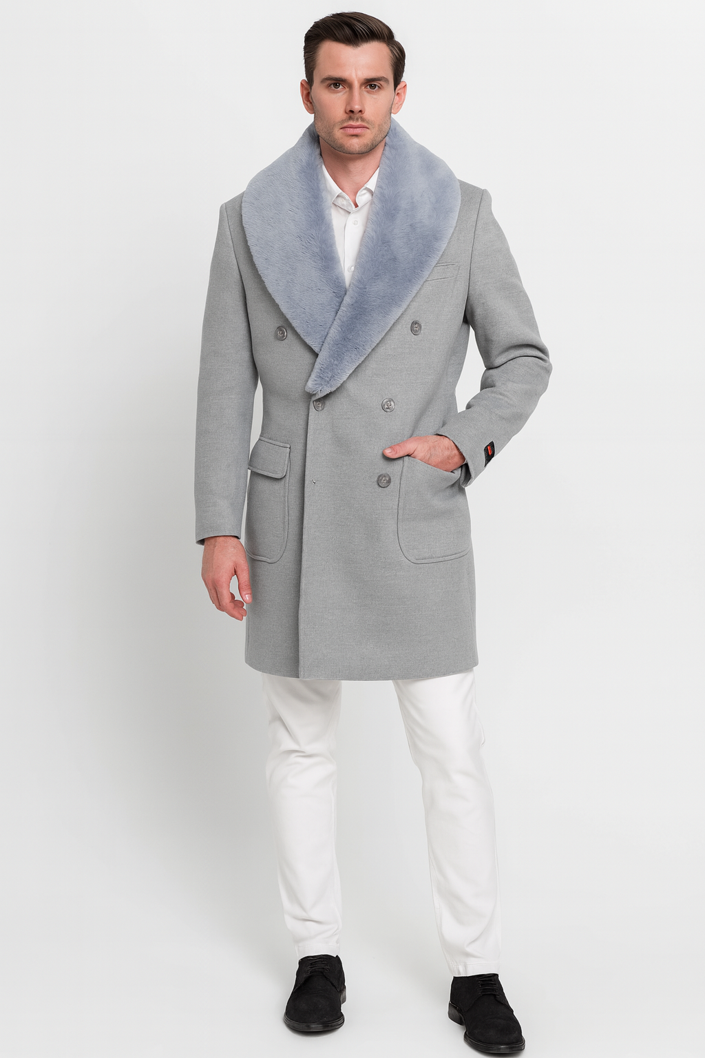 Grey Double Breasted Overcoat with Faux Fur Collar