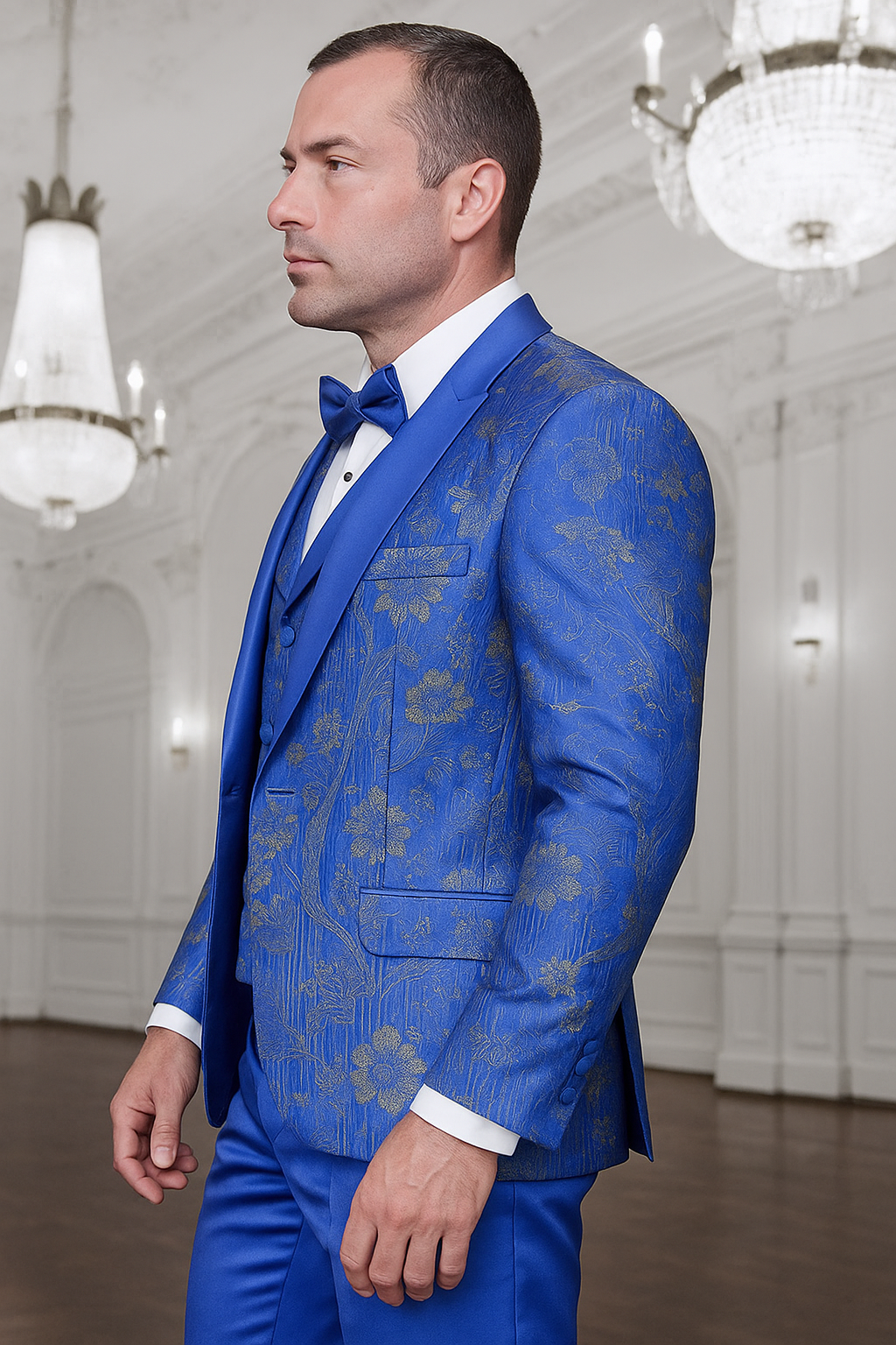 Royal Blue Paisley Lace Print Tuxedo & Vest