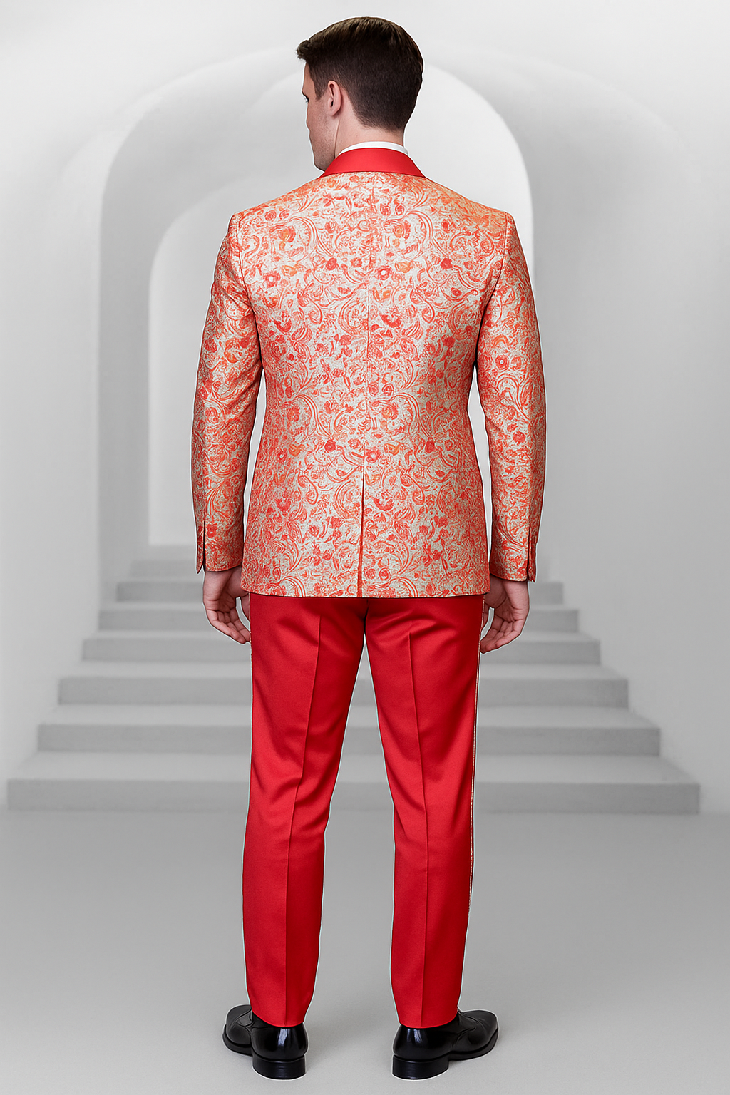 Coral Orange Paisley Tuxedo with Vest & Satin Pants