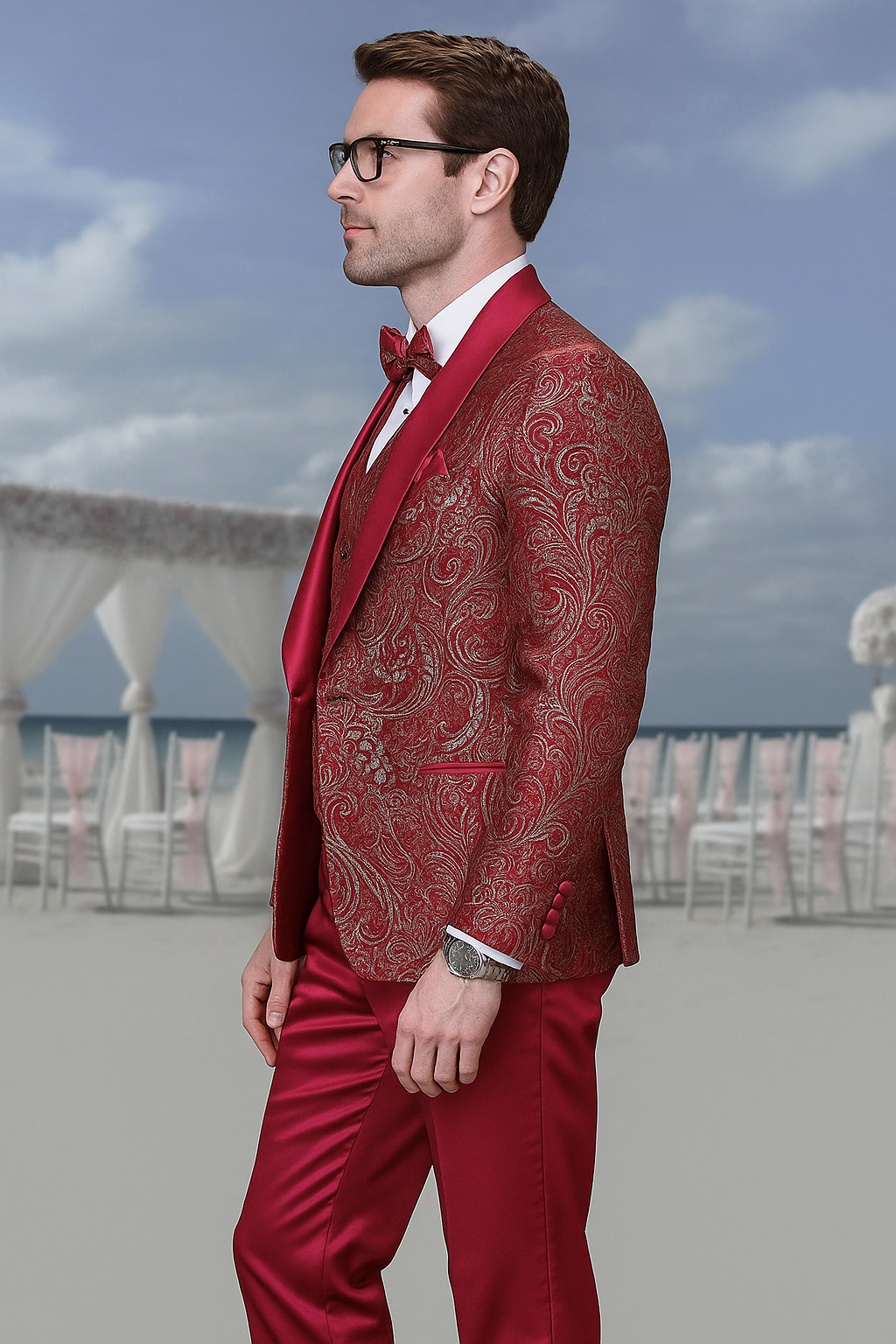 Men’s Red Paisley Brocade Tuxedo Double Breasted Suit