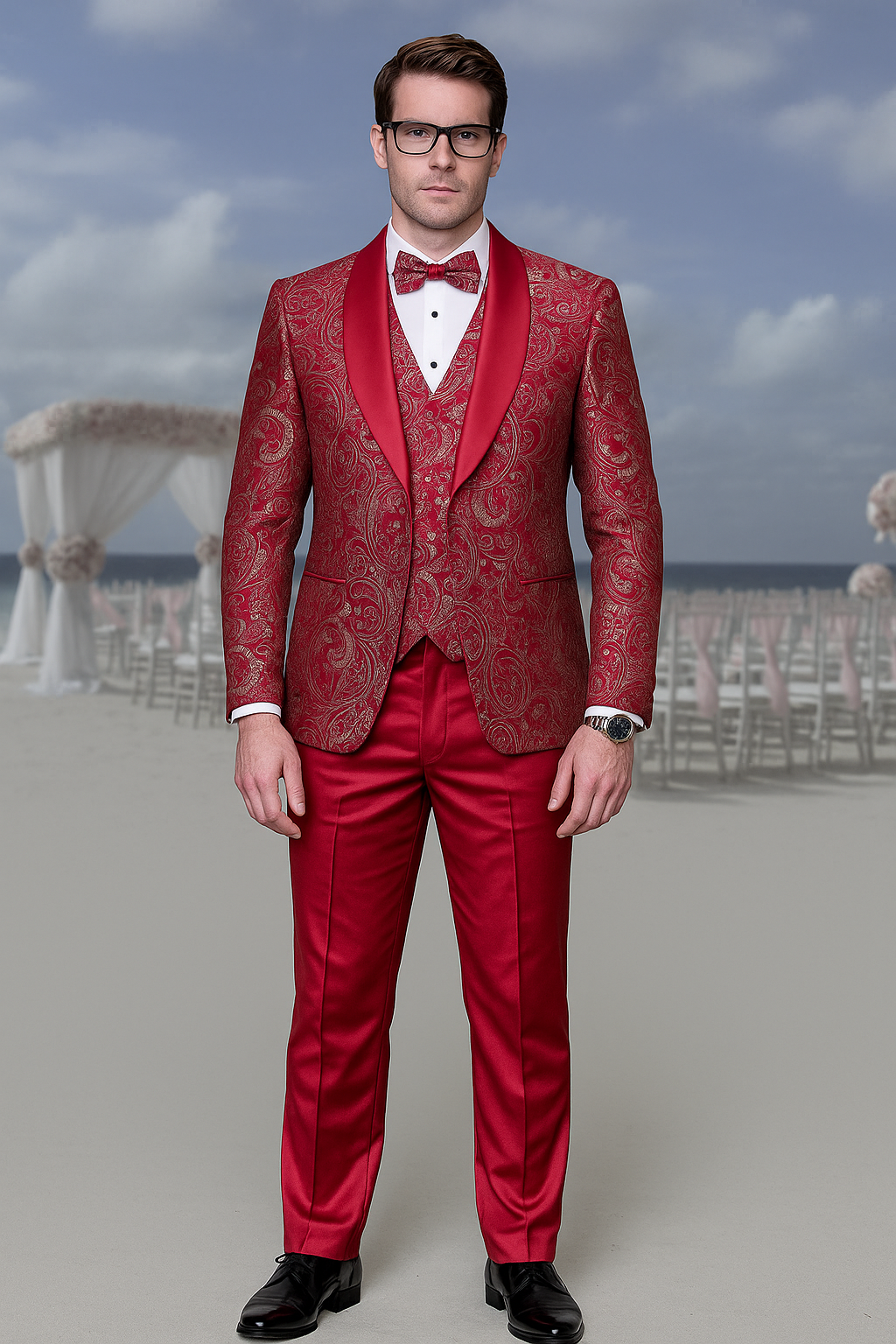 Men’s Red Paisley Brocade Tuxedo Double Breasted Suit