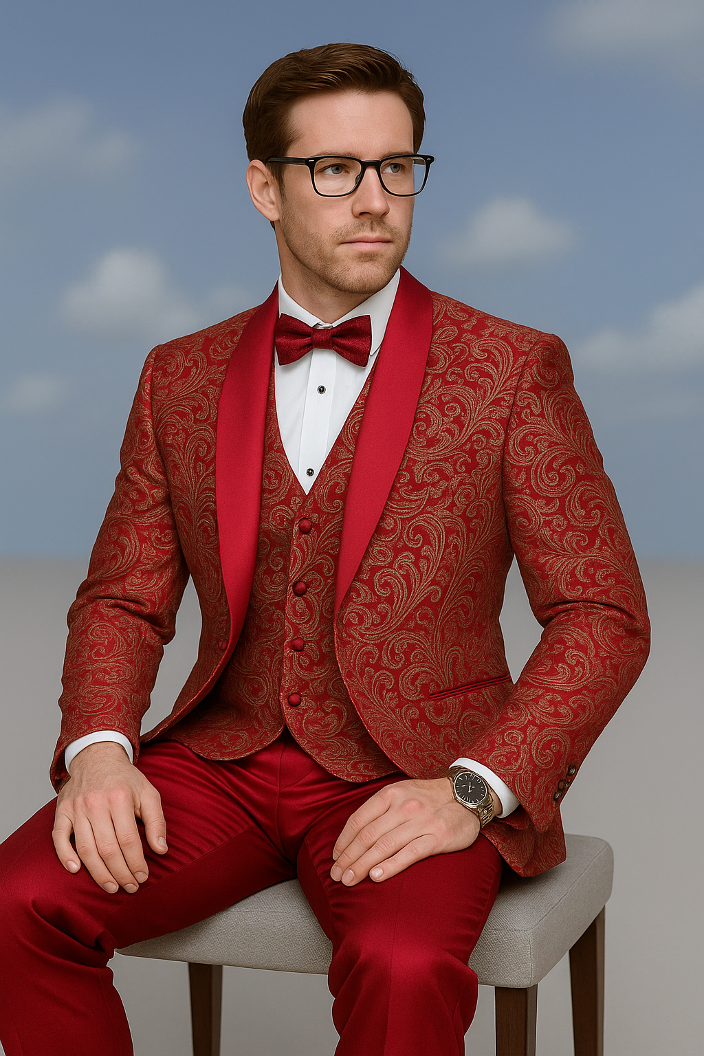 Men’s Red Paisley Brocade Tuxedo Double Breasted Suit