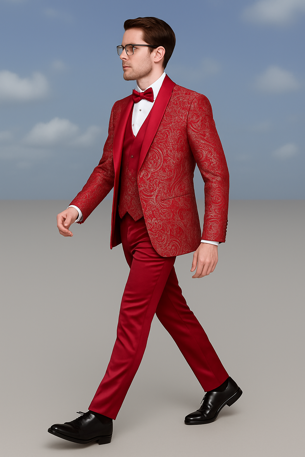 Men’s Red Paisley Brocade Tuxedo Double Breasted Suit