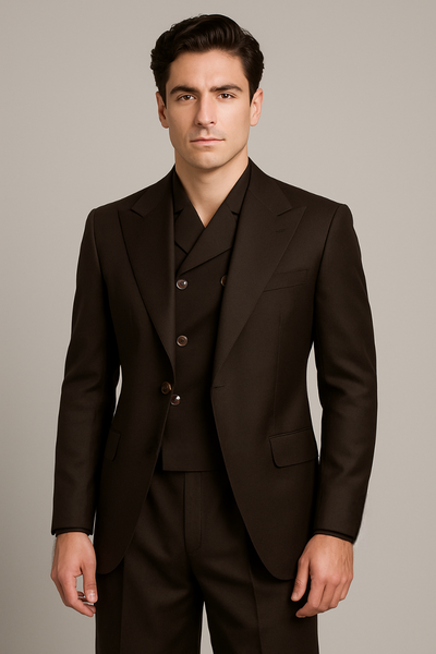 Tiglio Rosso Suit - Classic Fit Athletic Cut 100% Wool Super 150s Italian Fabric Peak Lapel in Color Dark Brown
