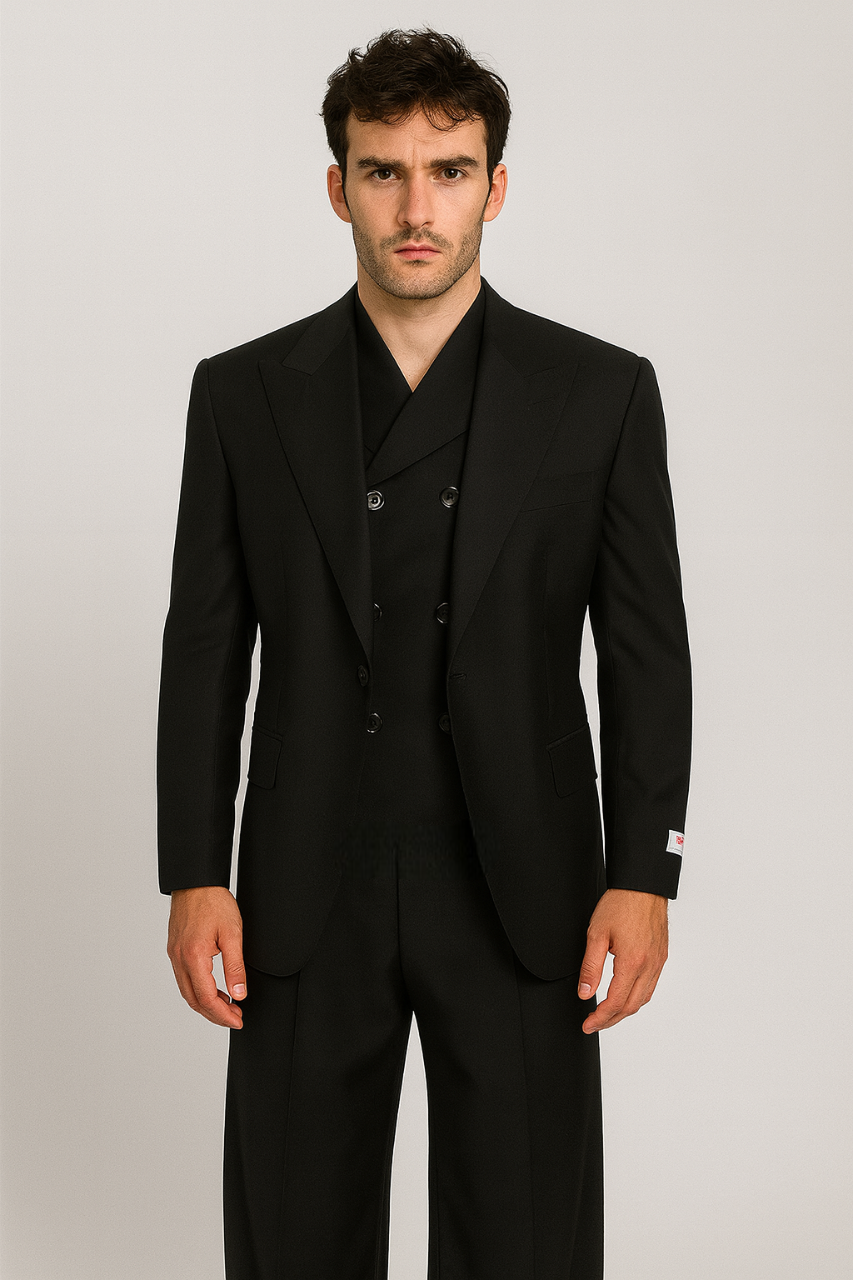 Tiglio Rosso Suit - Classic Fit Athletic Cut 100% Wool Super 150s Italian Fabric Peak Lapel in Color Black