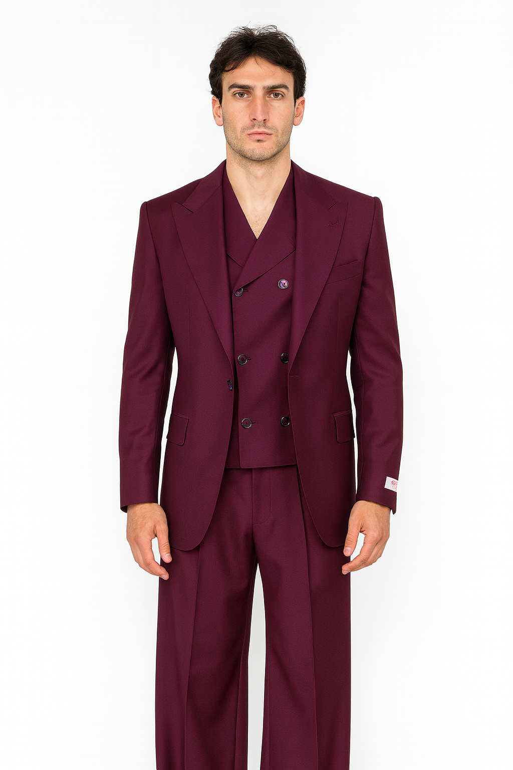 Tiglio Rosso Suit - Classic Fit Athletic Cut 100% Wool Super 150s Italian Fabric Peak Lapel in Color Burgundy