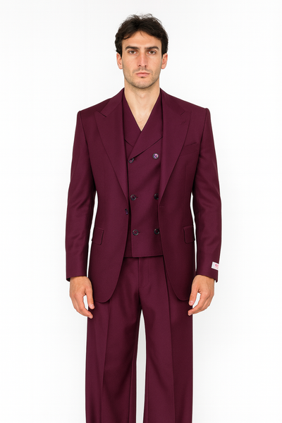 Tiglio Rosso Suit - Classic Fit Athletic Cut 100% Wool Super 150s Italian Fabric Peak Lapel in Color Burgundy