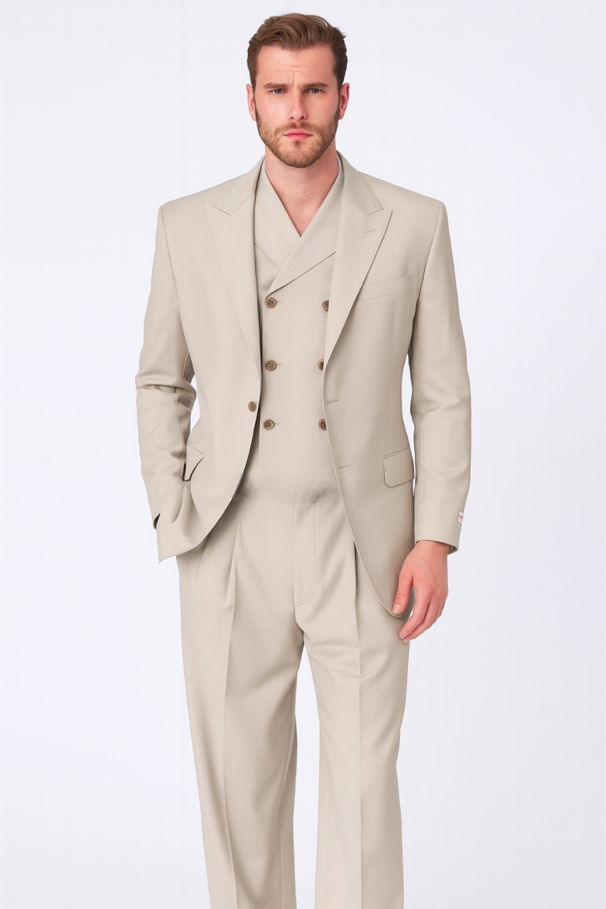 Tiglio Rosso Suit - Classic Fit Athletic Cut 100% Wool Super 150s Italian Fabric Peak Lapel in Color Tan