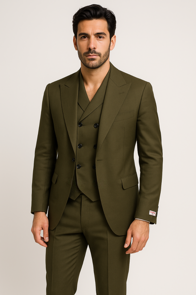 Tiglio Rosso Suit - Classic Fit Athletic Cut 100% Wool Super 150s Italian Fabric Peak Lapel in Color Olive