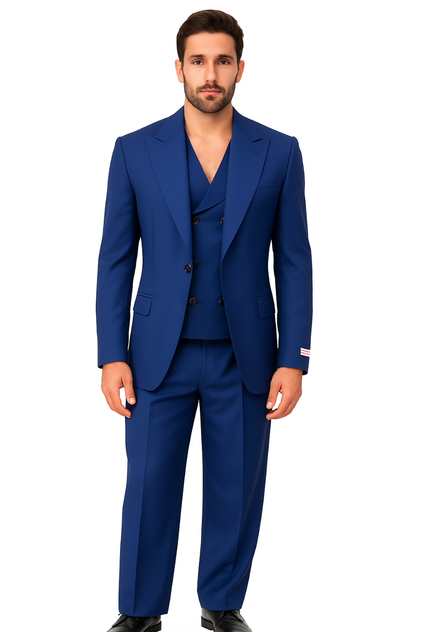 Tiglio Rosso Suit - Classic Fit Athletic Cut 100% Wool Super 150s Italian Fabric Peak Lapel in Color Blue