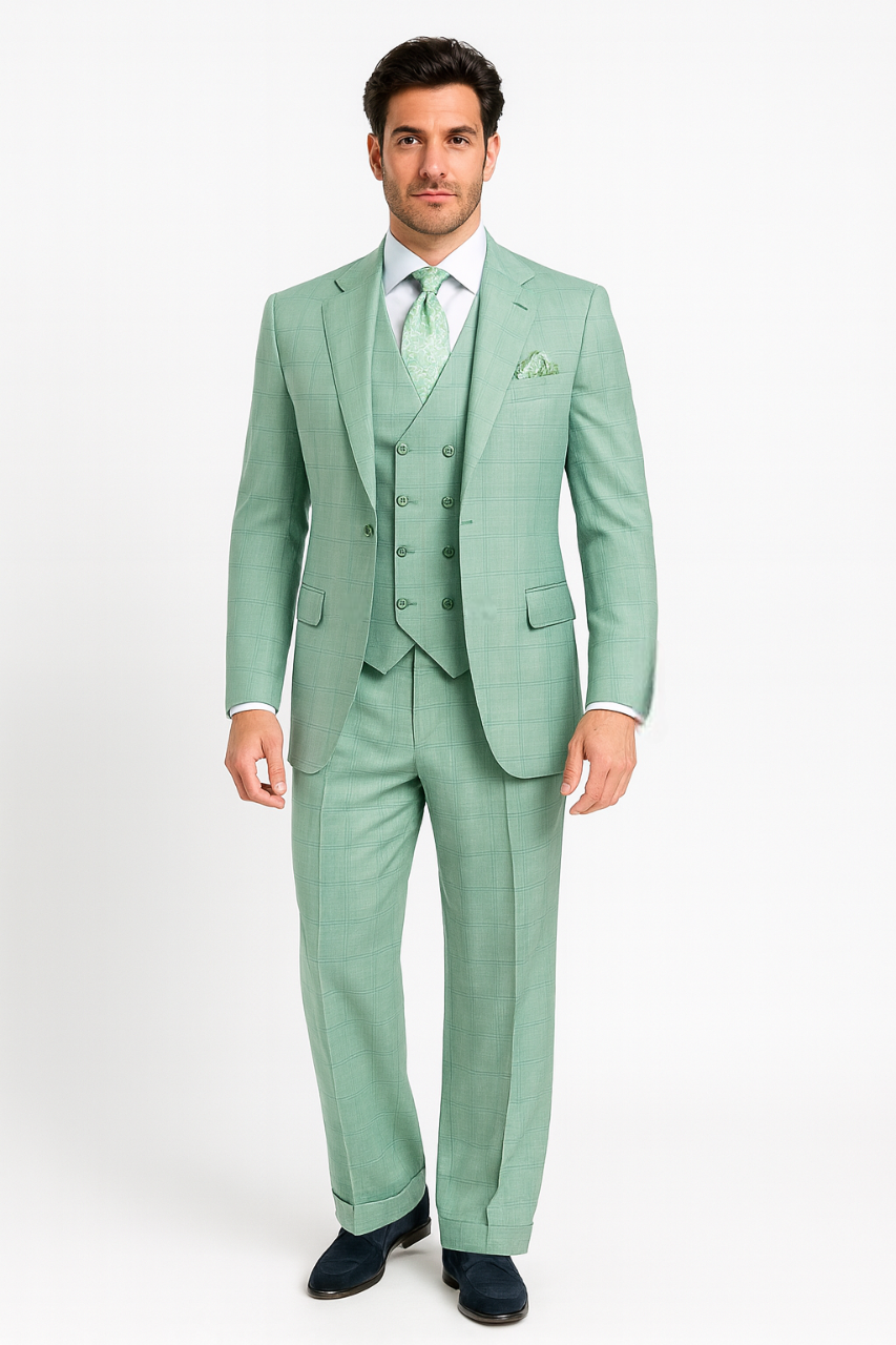Tiglio Rosso Suit - Classic Fit Athletic Cut 100% Wool Super 150s Italian Fabric Peak Lapel in Color Mint Green