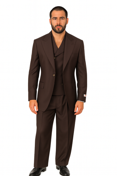 Tiglio Rosso Suit - Classic Fit Athletic Cut 100% Wool Super 150s Italian Fabric Peak Lapel in Color Chocolate Brown