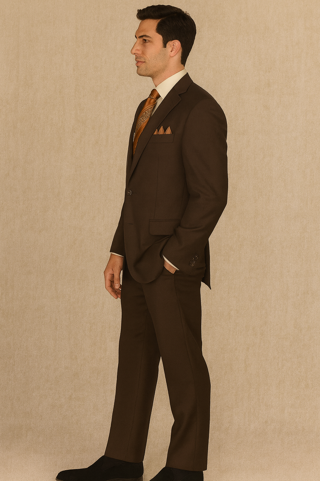 2TR Classic Fit - Executive Cut Poly-rayon Executive Pure Solid Brown Suit Notch Collar Pleated Pants