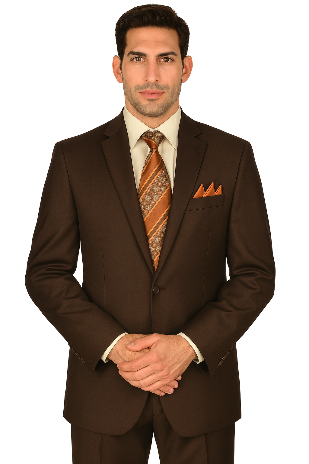 2TR Classic Fit - Executive Cut Poly-rayon Executive Pure Solid Brown Suit Notch Collar Pleated Pants
