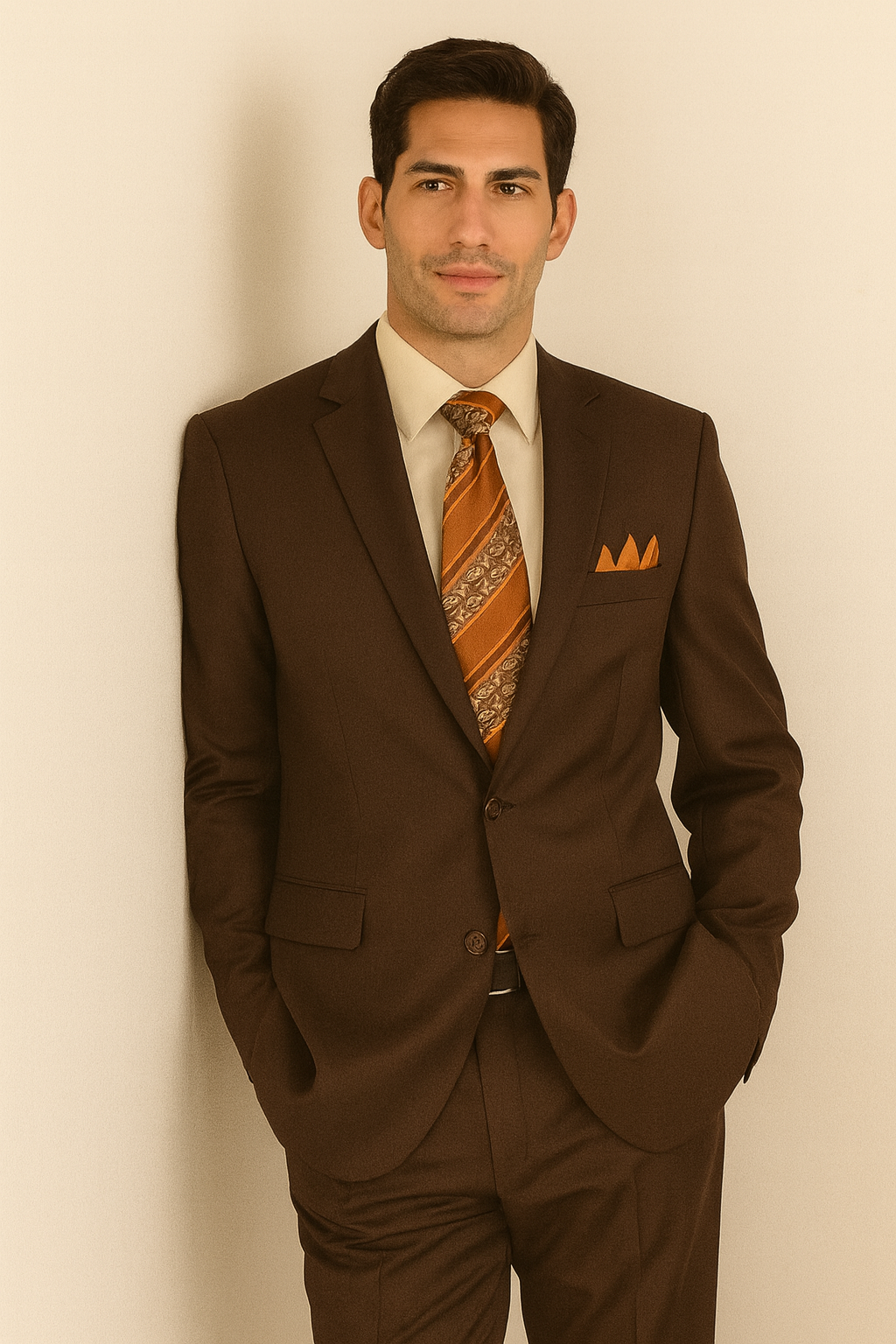 2TR Classic Fit - Executive Cut Poly-rayon Executive Pure Solid Brown Suit Notch Collar Pleated Pants