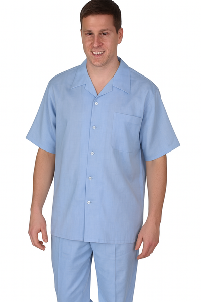 Mens walking suits casual two piece sets Summer Short Sleeve Shirt & Pants Casual Two Piece Mens Walking Outfit For Sale Pant Sets Casual Suit Set Men's Suit 100% Mens Linen Suit - Fabric – Light Blue ~ Sky