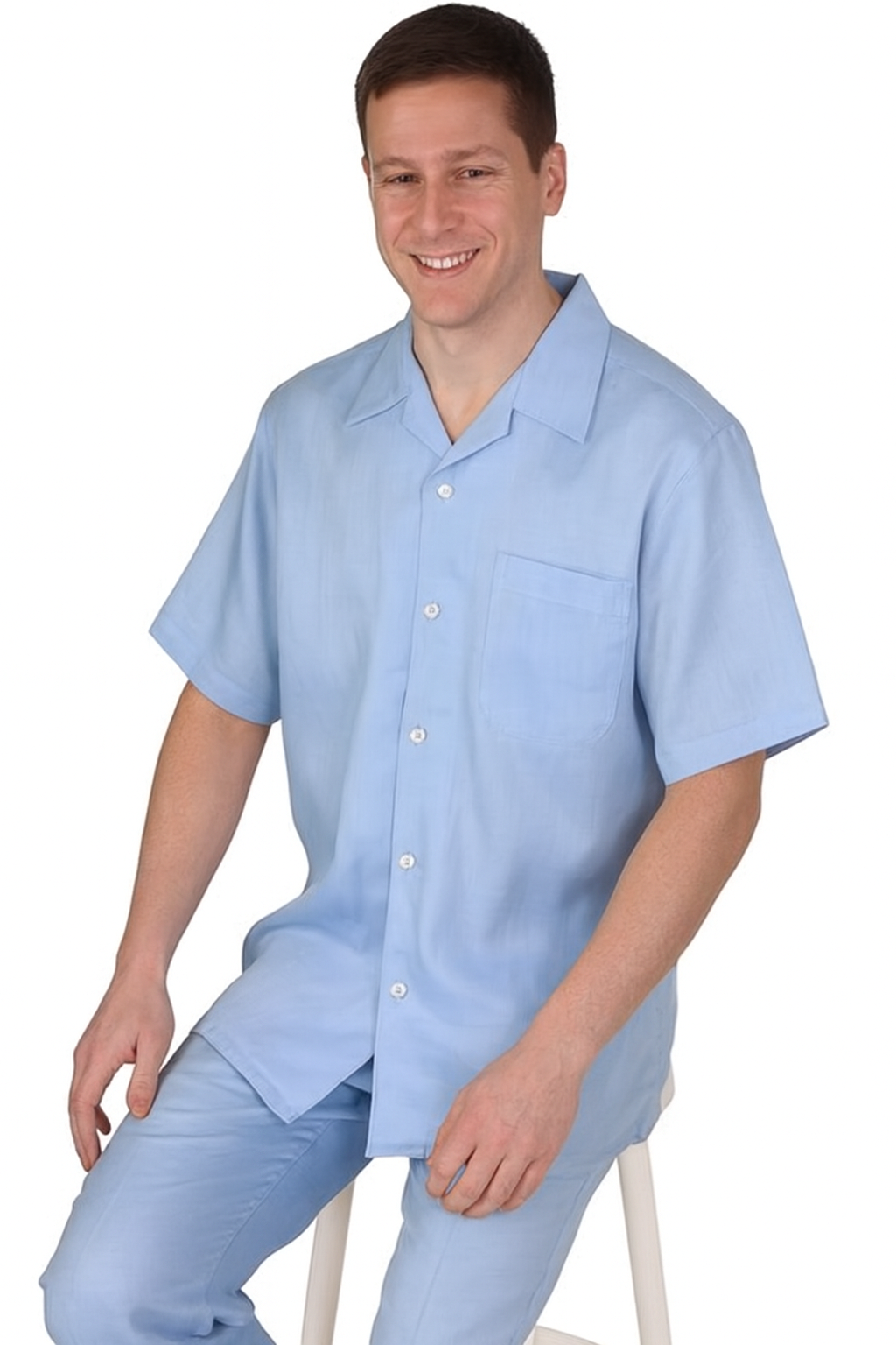 Mens walking suits casual two piece sets Summer Short Sleeve Shirt & Pants Casual Two Piece Mens Walking Outfit For Sale Pant Sets Casual Suit Set Men's Suit 100% Mens Linen Suit - Fabric – Light Blue ~ Sky