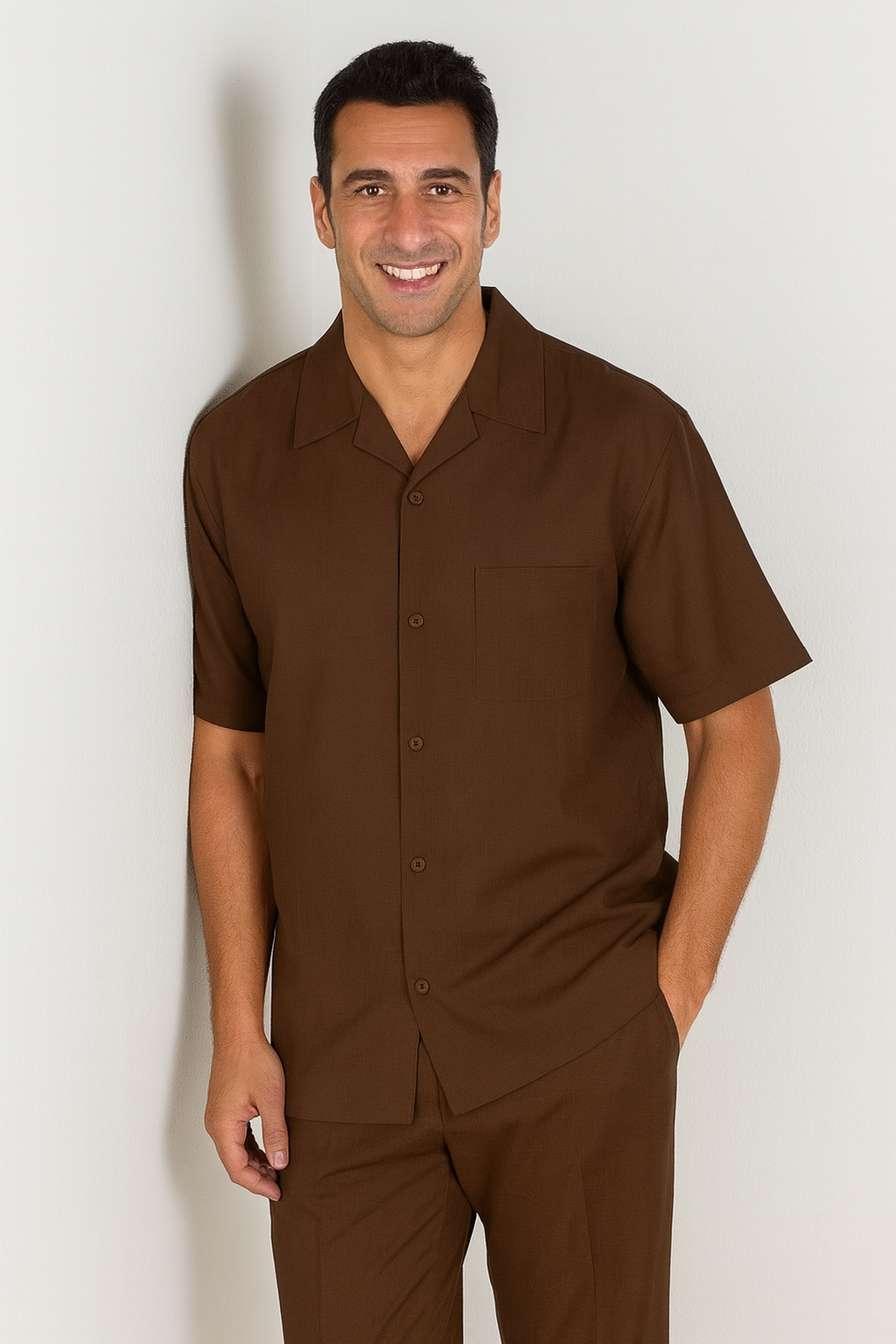 Mens walking suits casual two piece sets Summer Short Sleeve Shirt & Pants Casual Two Piece Mens Walking Outfit For Sale Pant Sets Casual Suit Set Men's Suit 100% Mens Linen Suit - Fabric – Brown