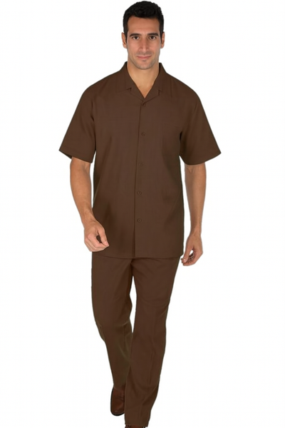 Mens walking suits casual two piece sets Summer Short Sleeve Shirt & Pants Casual Two Piece Mens Walking Outfit For Sale Pant Sets Casual Suit Set Men's Suit 100% Mens Linen Suit - Fabric – Brown
