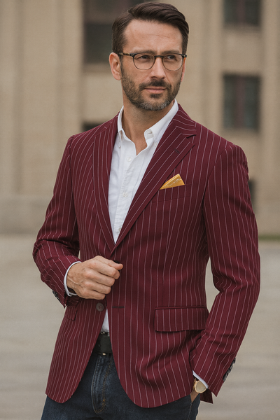 Men's Dark Burgundy and White Pinstripe Two Button Blazer