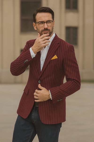 Men's Dark Burgundy and White Pinstripe Two Button Blazer