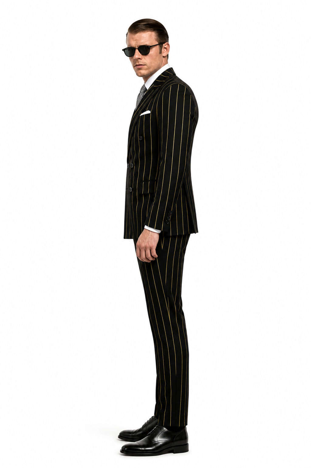 Black and Gold Pinstripe Vested Suit